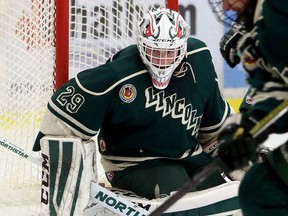 St. Marys Lincolns goalie Tristan Lewis plays against the Chatham Maroons in the third period at Chatham Memorial Arena in Chatham, Ont., on Sunday, Oct. 1, 2017. (MARK MALONE/Chatham Daily News/Postmedia Network)