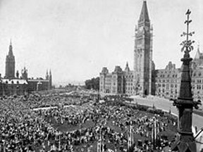Crowds gather on Parliament Hill in 1927 to celebrate the 60th anniversary of Dominion day – it must have been a party (or maybe not?) because it took us until 1958 to organize the next full-blown national celebration!