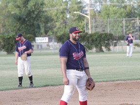 It was all smiles for Manny Lantigua after a bases-clearing double to help beat the Winkler Whips 10-2 Friday, June 29 in Morden. (THOMAS FRIESEN, Morden Times)