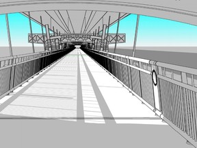 An artist's rendering shows a 14-metre wide pedestrian bridge to be constructed under a twinned Highway 15 crossing, at a total cost of $4.5 million.

Graphic Supplied