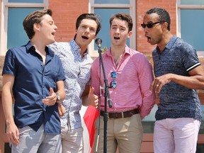 The Music Man actors George Krissa, Robert Markus, Marcus Nance and Sayer Roberts sing as a barbershop quartet during the Canada Day party in Market Square on Sunday, July 1, 2018 in Stratford, Ont. Terry Bridge/Stratford Beacon Herald/Postmedia Network