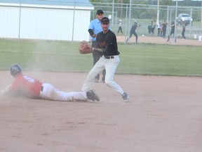 The Melfort Expos’ Sheldon Argent made the dust fly sliding into second base during the Expos 6-5 loss to the Gronlid Giants on Wednesday, June 27.