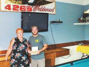 Photo by Leslie Knibbs/For The Mid-North Monitor
Glenda Massicotte from Railroad Steele presents $500 to Eagles VP Corey Barnes at Eagles Aerie in Webbwood.