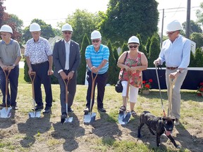 A ground-breaking ceremony was held for the new animal shelter on June 29. From left are, committee member Dr. Bruce Warwick, South Kent Coun. Frank Vercouteren, Mayor Randy Hope, campaign co-chairs Art Stirling and Marjorie Crew, and committee member Ike Erickson. Trevor Terfloth/Postmedia Network