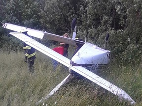 A plane lies upside down after flipping at the Tobermory airport on Sunday. (Supplied photo)