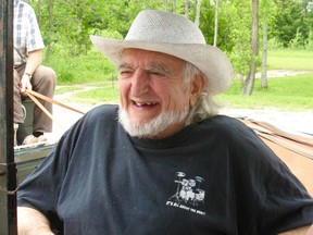 Earl Georgas in his trademark performer's hat and black t-shirt the day he was inducted into the Bruce Grey Music Hall of Fame in 2016. Mr. Georgas died at 88 Friday. (Fred Parsons photo)