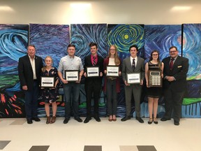 The recipients of the 2018 Dr. Lloyd Cavers Scholarship, awarded to high school students demonstrating exceptional leadership. Avery Sheldon, a J.T. Foster student, is pictured second from right. In addition to the other award recipients, at left is Livingstone-Macleod MLA Pat Stier and at right is Brad Toone, chair of the LRSD’s board.