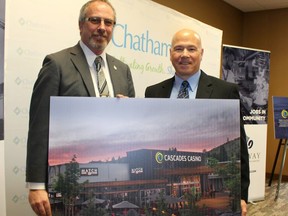Chatham-Kent Mayor Randy Hope (left) and Gateway Casinos and Entertainment Ltd. CEO Tony Santo, in a file photograph from earlier this year. Ground for the new casino at the former Wheels Inn site in Chatham will be formally broken in a ceremony on Thursday. File photo/Postmedia Network