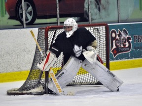 Devyn Clark minds the net during a London Nationals prospect camp earlier this offseason. Clark will contend for the starting goaltending position in Lucan in 2018-19. (Handout/Exeter Lakeshore Times-Advance)