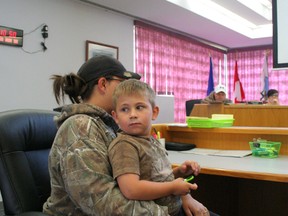 Brandy Richardson with son Caiden Magnowski during the Worsley Early Childhood Education presentation to Clear Hills Council on June 26 in Worsley.