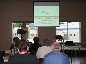 Maureen Beatty, an advisor with the Ministry of Municipal Affairs, led the presentation and provided a wealth of information to the crowd of over 50 guests at Libro Hall last week. (SHEILA PRITCHARD/CLINTON NEWS RECORD)