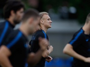 Croatia defender Domagoj Vida attends a training session in Sochi Tuesday ahead his teams's quarter-final match with Russia Saturday in 2018 World Cup action.