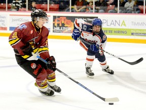 Timmins Rock forward Derek Seguin is shown here cutting through the neutral zone during an NOJHL game against the French River Rapids at the McIntyre Arena on Oct. 22. The Rock will open their 2018-19 NOJHL regular-season schedule against the Rapids at the McIntyre Arena on Saturday, Sept. 7. It will be one of four regular-season visits to the McIntyre Arena by the Rapids this season.  THOMAS PERRY/THE DAILY PRESS