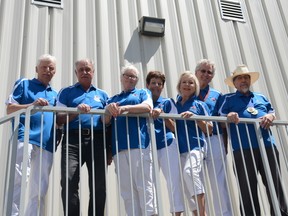 Karl Gibbie (from left to right), Nick Radmanovich, Nancy Gibbie, Alicia Brookes, Roswitha Schmitt-Blouin, Doug Campbell, and Bill Gibbons, gather at the Seniors at the Bow at Spray Lakes Sports Centre on June 26. The group is preparing to head off to New Brunswick for the Canada 55+ Games in August at Saint John, N.B.