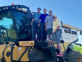 BRUCE BELL/THE INTELLIGENCER
Bay of Quinte MP Neil Ellis announced funding for a pair of federal programs to assist the soybean and grain growers of Ontario at Reynolds Brothers Farms in Prince Edward County on Wednesday. Pictured from (from left) are host Lloyd Crowe of Reynolds Brothers, MP Ellis along with Markus Haerle and Barry Senft of Grain Growers of Ontario.