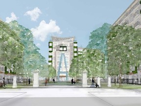 Toronto-based ERA Architects presented updated draft concept images of the former Alma College site on behalf of Patriot Properties Inc. This view from Moore Street shows the historic entrance gates, heritage garden and an Alma College tower commemoration. (Contributed/ERA Architects)