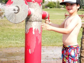 Jackson Stevens found a way to stay cool despite Wednesday's humid temperatures, making use of the spray pad at Hollinger Park. Rain and thunderstorms are in the forecast for Thursday though the humidity is expected to continue with predicted high of 28C.