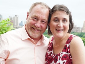 Chris Read and Amanda Adams pose on a penthouse balcony in New York City last week. Read provided the bone marrow Adams needed in her fight against leukemia. They were matched up through the Gift of Life Marrow Registry.
Andrew Tess Photo