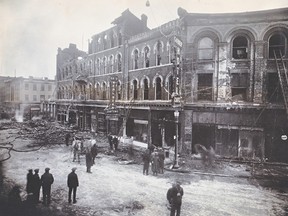 The Garner Hotel, centre left, Sheldrick Block, right, following the 1929 fire. Photo faces east from the upper bend of King Street. John Rhodes photo