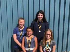 The Piranhas Swim Club took four overall medals at the June 23 swim meet in Provost. Grace Laybourne captured gold in girls U8, Breanna Carriere won gold in the girls 9-10 category, McKenzi Huhn took gold in girls 13-14 and Gwen Pasnak took home bronze in girls 9-10.