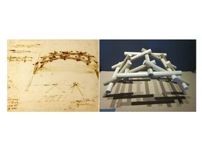 Leonardo da Vinci, Self-supporting bridge, ink on paper.
Self-supporting bridge model, wood, Pump House Steam Museum.
Kamile Parkinson