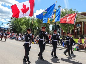 Wetaskiwin Fire Services’ honour guard helps lead the way during the local Canada Day parade. (Sarah O. Swenson/Wetaskiwin Times)