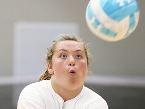 Scarlett Anne Davies bumps the ball during the 32nd annual Volleyball Kent Camp at St. Clair College's Thames Campus HealthPlex in Chatham, Ont., on Thursday, July 5, 2018. Fifty-five players in Grades 6-9 took part in the four-day intermediate camp, which ended Thursday, and another 55 in Grades 2-6 are in the four-day junior camp that ends Friday. The high-performance camp will be Aug. 23-24, 2018. (MARK MALONE/Chatham Daily News/Postmedia Network)