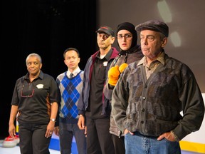 Marcia Johnson as Charmaine Bailey, Matthew Gin as Mike Chang, Omar Alex Khan as Anoopjeet Singh, Parmida Vand as Fatima Al-Sayeed, and Lorne Kennedy as Stuart MacPhail in The New Canadian Curling Club, a play written by Mark Crawford and directed by Miles Potter, which opened the 44th season of the Blyth Festival on June 22. (Courtesy of Terry Manzo)