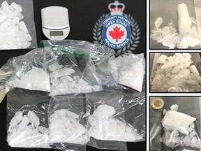 A photo of the crystal meth, cash and scale seized by Owen Sound Police Service. (PHOTO SUPPLIED BY OSPS)
