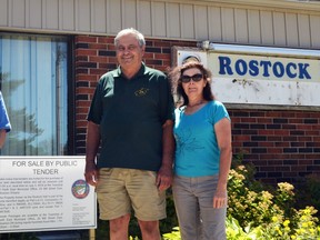 Optimist Club of Ellice members pose beside the Township of Perth East’s “for sale” sign in front of the Rostock Hall. As the Optimists’ bid to purchase the hall was accepted earlier this week, that sign can soon be taken down. Pictured from left are treasurer Shirley Michiels, director Johanne Groenestege, club president Ivan Roobroeck, and Rostock Hall caretaker Ann Roobroeck. Galen Simmons/The Beacon Herald/Postmedia Network