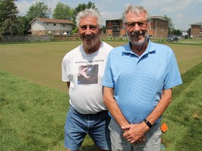 Stratford Lawn Bowling Club secretary Glenn Keene, left, and president Peter Kurn stand in front of what will be the club's new green at the Stratford Municipal Golf Course, which is set to open in spring 2019. Cory Smith/The Beacon Herald
