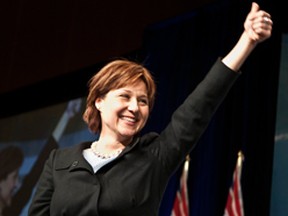 Christy Clark celebrates after being voted the new leader of the BC Liberal party during the leadership candidate vote in Vancouver, BC. Feb 26, 2011.(CARMINE MARINELLI / QMI AGENCY)