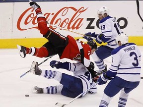 The Senators Chris Neil absolutely rocks Leafs #47, Darryl Boyce. The Toronto Maple Leafs took on the Ottawa Senators at the Air Canada Centre in Toronto Saturday.  The Leafs lost in a shootout 1-0. (Craig Robertson/QMI Agency)