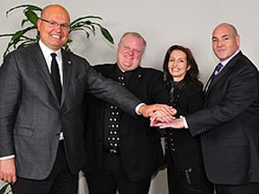 Rocco Rossi, Mayor Rob Ford, Sarah Thomson and George Smitherman pose for a photo to promote next week's Harmony Dinner.
