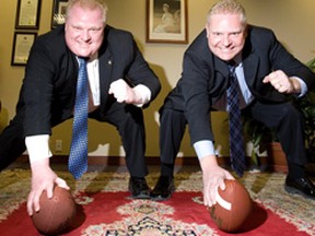 Mayor Rob Ford (left) and Councillor Doug Ford want to bring an NFL team to Toronto. They're heading to Chicago this weekend to see the Chicago Bears and Green Bay Packers in a playoff game. (ALEX UROSEVIC/Toronto Sun)