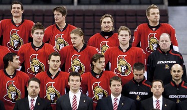 Ottawa Senators Alex Kovalev (top row-2nd from right) was joking around by appearing shorter than he is during the team photo at Scotiabank Place on Wednesday  January 20,2010. (ERROL MCGIHON/THE OTTAWA SUN)