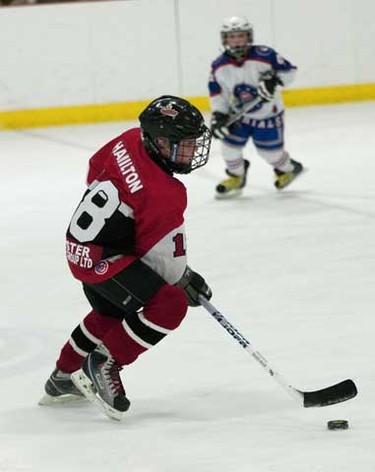 An Ottawa Sting player chases the puck in a minor atom AAA game against the New Jersey Colonials in the Jim Durrell Complex during the Bell Capital Cup on Thursday. (Hadas Parush/Special to the Ottawa Sun)