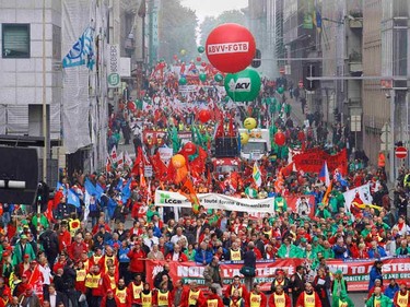 European workers and trade union representatives take part in a "No to austerity" protest to demand better job protection in Brussels on Sept. 29, 2010. Tens of thousands of people marched through Brussels on Wednesday on a day of protests across Europe against government austerity measures, which unions say will slow economic recovery and punish the poor.  (REUTERS)
