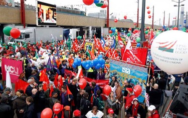 Thousands of European workers and trade union representatives take part in the "No to austerity" protest to demand for better job protection in Brussels September 29, 2010. About 100,000 people took to the streets of the Belgian capital in protest against the cost-cutting measures of euro zone governments.  (REUTERS)