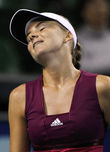 Daniela Hantuchova of Slovakia reacts after losing a point against Kimiko Date Krumm of Japan during the Pan Pacific Open tennis tournament in Tokyo September 28, 2010. REUTERS/Toru Hanai