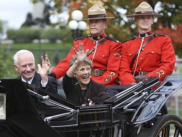 Canada's newest Governor General David Johnston and his wife Sharon Johnston wave during his  installation as Governor General in Ottawa, Friday, October 1, 2010.  (ANDRE FORGET/QMI AGENCY)