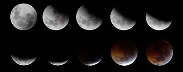 A combination of photographs shows the gradual lunar eclipse ending with a total eclipse as seen over the skies of Mexico City December 21, 2010. During the eclipse, the Earth lined up directly between the Sun and the Moon, casting Earth's shadow over the Moon. REUTERS/Henry Romero