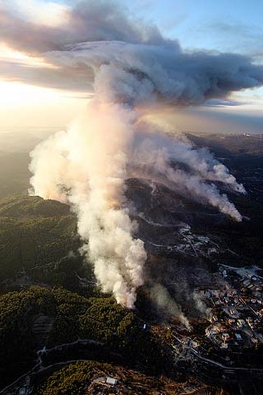 A fire that broke out in the Carmel Forest near the northern Israeli city of Haifa is seen in this aerial view taken on Dec. 2, 2010. A massive forest fire in northern Israel killed at least 40 people on Thursday, with many others injured. (REUTERS)