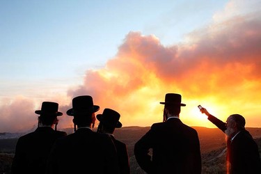Ultra-Orthodox Jewish men look at a forest fire that broke out near kibbutz Beit Oren in the north of Israel on Dec. 2, 2010. A massive forest fire in northern Israel killed at least 40 people on Thursday, with many others injured. (REUTERS)
