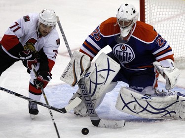 Ottawa Senators' Nick Foligno (71) looks for the puck in front of Edmonton Oilers' goalie Martin Gerber (29) during the third period of NHL action at Scotiabank Place Monday, November 29, 2010. Oilers won 4-1. (Darren Brown/Ottawa Sun)