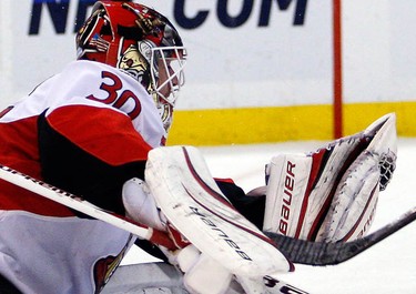 Ottawa Senators' goalie Brian Elliott (30) makes a glove save against the Edmonton Oilers during the second period of NHL action at Scotiabank Place Monday, November 29, 2010.  (Darren Brown/Ottawa Sun)