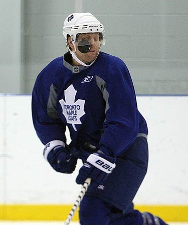 Phil Kessel gets an eyeful from a deflected shot from Colton Orr during Leafs practice at the Mastercard Centre on Nov. 25, 2010. Following Friday night in Buffalo, the Leafs head to Ottawa for a meeting with the Sens on Hockey Night in Canada. (MICHAEL PEAKE, Toronto Sun)