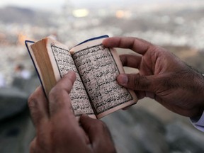 A Muslim pilgrim reads the Koran at Mount Al-Noor during the annual haj pilgrimage in Mecca November 11, 2010.  REUTERS/Mohammed Salem