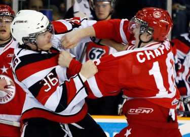 Ottawa 67s' Taylor Fielding (36) fights Sault Ste. Marie Greyhounds' Adam Chapman (16) during the first period of OHL action at the Civic Centre Sunday, November 14, 2010.   (Darren Brown/Ottawa Sun)