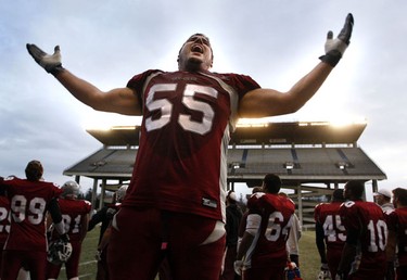 University of Ottawa GeeGees' David Philippe tries to rally the crowd as the attempt to hold off the University of Western Ontario Mustangs' during the fourth quarter of the OUA Championships at Frank Clair Stadium Saturday, November 13, 2010. (Darren Brown/Ottawa Sun)